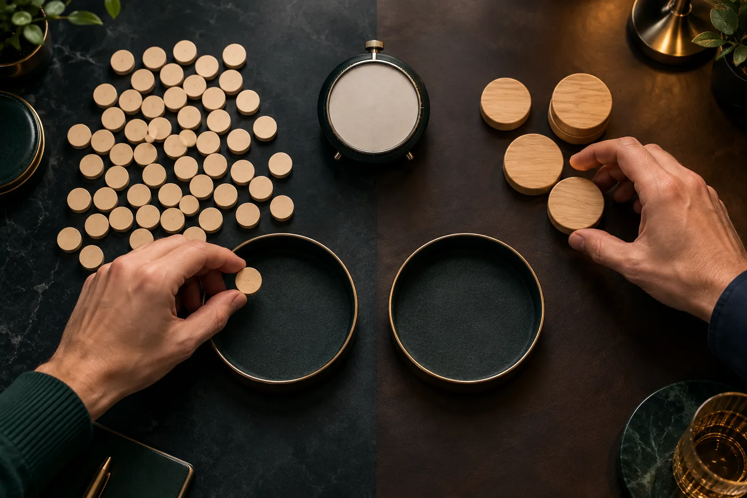 Player comparing many small game tokens with a few higher-value tokens